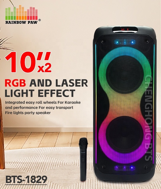 Bts-1829 Dj Wireless Portable Party Speaker Dual 10 Inch Wireless Microphone Bass Usb Tf Tws Mp3 Music Player with Guitar Jack