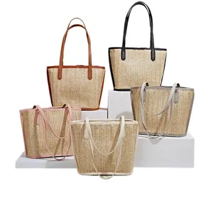 Straw handbag supplier 2022 New braided bag Fashion shoulder straw braided 2pcs set leisure Tote bag women's bucket bag