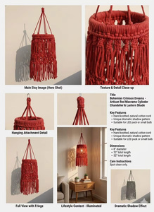 Abat-jour suspendu en macramé rouge avec pompons, décoration intérieure bohème, art mural pour salon - Product Image 2