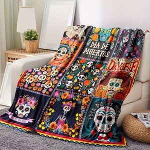 Manta con estampado de calavera de azúcar del Día de los Muertos, diseño rectangular para festivales, decoración del hogar, poliéster y algodón, lavable a máquina - Product Image 3