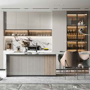 Modern Minimalist <b>Kitchen</b> <b>Cabinets</b> with Island Melamine Carcase Quartz Countertop Sink Accessories for Apartments - Product Image 1