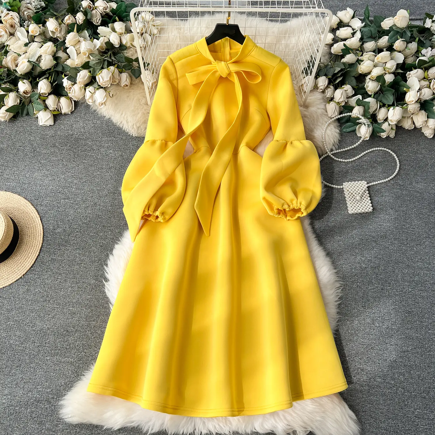 Customized Party Dress Women's Fashion Bow Lantern Long sleeved Waist Tie up Large yellow Dress
