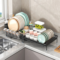 Égouttoir à vaisselle rétractable et pliable 2-en-1 en métal résistant à la rouille avec double égouttoir et support pour tasses et couverts pour cuisine