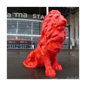 Statue de <span class=keywords><strong>lion</strong></span> géométrique <span class=keywords><strong>rouge</strong></span> en polyrésine, grande sculpture animale en fibre de verre pour décoration de parc extérieur, vente en gros sur mesure - Product Image 1