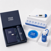 Ensemble cadeau d'entreprise personnalisé AI-MICH : carnet, gobelet, stylo, thermomètre numérique, organiseur de pilules hebdomadaire, coussinets en gel ronds