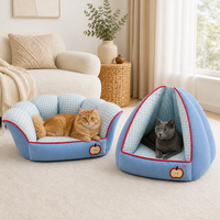 Lit pour chat convertible 2 en 1, coussin en gingham, extérieur en velours côtelé, nid pour animaux de compagnie avec deux modes de repos pour chats d'intérieur