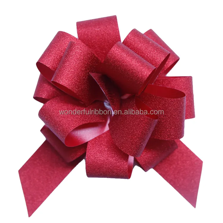 Wonderful Solid Glitter Pom Pom Bow Pull String PP Plastic Ribbon Decorative Bow for Gift Packaging