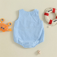Vêtements d'été pour bébés, grenouillère sans manches, col rond, broderie à carreaux, crabe/poisson, 1 pièce, logo personnalisé