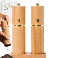 Ensemble moulin à sel et poivre en bois, rechargeable, manuel, avec meules en céramique réglables, détails dorés, support en bois noir foncé