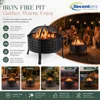 Brasero d'extérieur rond en fer avec grille de protection anti-étincelles et grille à bois, revêtement en maille à découpe carrée