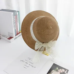 New Fashion Style 57cm Weaving Boater Straw Hat Foldable Bowknot Laze Women's Summer Straw Flat Top Hats