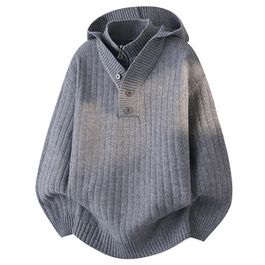 Pull tricoté à capuche pour homme, double couche, demi-zip, avec patte de boutonnage, style mode - Product Image 1
