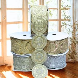 Premium Circular Motif Embroidered Rhinestone Lace Trim with Metallic <b>Thread</b> for Garments Shoes Wedding Decor - Product Image 2