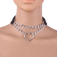Collares con Colgante de Corazón Hueco Estilo Harajuku para Mujer, Collar de Cadena Doble de Cuero Negro, Joyería para Fiesta