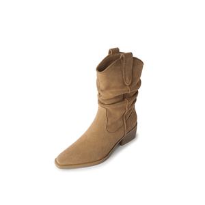 Bottes de cowboy occidentales en cuir véritable pour l'automne-hiver, avec tige mi-haute plissée effet Maillard, fermeture à enfiler, talon moyen - Product Image 5