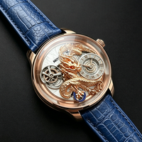 Montre mécanique pour homme Astronomia Dragon Series, saphir incurvé, cadran sculpté en 3D avec dragon doré, bracelet en cuir véritable bleu