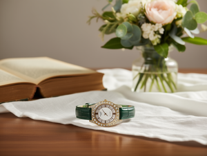 Montre à bague en diamant pour femme avec boîtier plaqué or et bracelet en cuir vert, style élégant pour occasion cadeau - Product Image 2