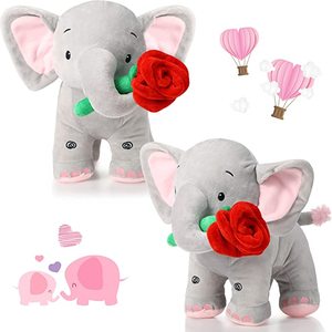 Individuelles 2-er Pack Grauer Rosen-Elefant Stofftier individuelles Logo weiches Baby-Elefant-Plüschtied mit roter Rose zum Valentinsgeschenk - Product Image 1
