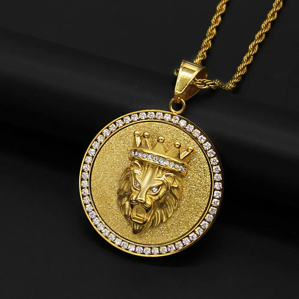 Colgante de corona y cabeza de león, collar de acero inoxidable chapado en oro, estilo Hip Hop