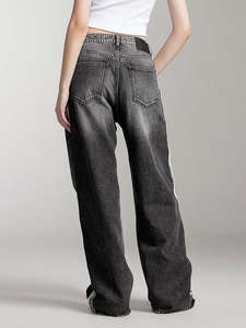 Jeans da <span class=keywords><strong>donna</strong></span> a vita bassa, casual, stile streetwear, <span class=keywords><strong>con</strong></span> strappi e dettagli in tessuto laterale, in denim grigio a lavaggio medio, <span class=keywords><strong>con</strong></span> <span class=keywords><strong>bottoni</strong></span> - Collezione Autunno - Product Image 2