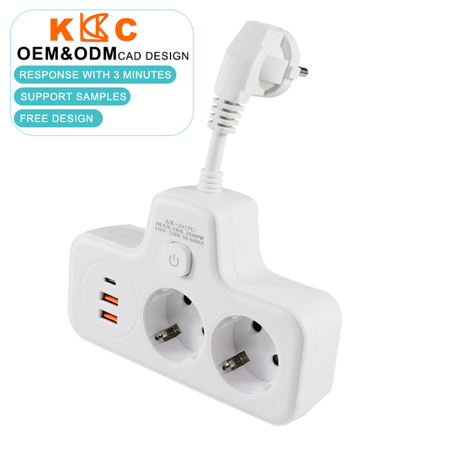 EU Standard Fast Charging Plug with Socket Power Strip 2 AC Outlets 10A 2 USB a Ports 1 USB C Ports Extension Lead