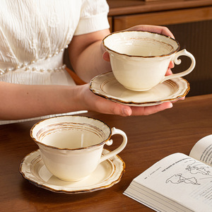 Japanese Style Ceramic Cup and Saucer <b>Set</b> 250ml Vintage <b>Coffee</b> <b>Mug</b> Wide Mouth Cappuccino Latte Cup - Product Image 3