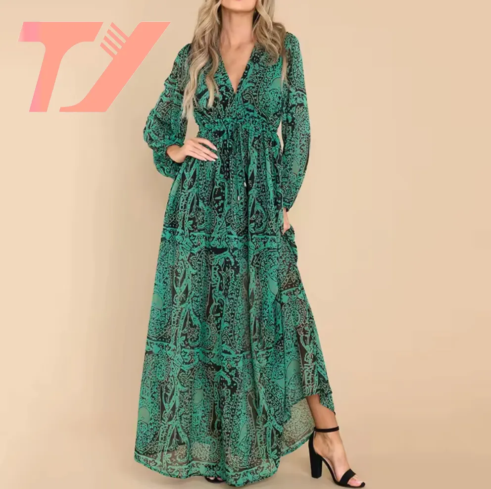 Tuoyi Groene Print Maxi Jurk V-Halslijn Jurken Ballonmouwen Met Elastische Manchetten Casual Elegante Rok