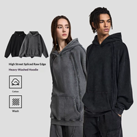 Herbst/Winter Neuerscheinung Retro Distressed Einfarbiger Hoodie Herren Locker Sitzender Trendiger Reiner Baumwoll-Waschpullover 400g+ Schwarz