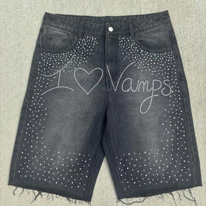 Pantalones cortos vaqueros desgastados con logotipo de diamantes de imitación de alta calidad personalizados para hombre Pantalones cortos vaqueros Vintage con diamantes de imitación - Product Image 1