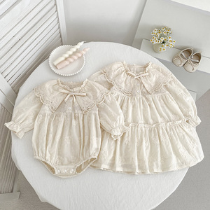 Combinaison décontractée pour filles en dentelle coréenne brodée, en spandex/coton, à manches longues, avec boutons-pression, silhouette évasée, vêtements pour enfants - Product Image 4