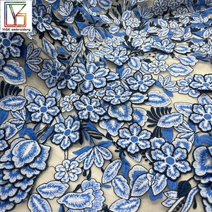 Tela nupcial para vestido de novia, elegante, multicolor, con flores 3D, encaje azul marino, tul bordado, tela de malla. - Product Image 3