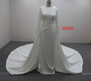 Mermaid Long detachable overskirt Long sleeves Round Neck no Lace plain Bridal Gown Ivory satin wedding dress Lace up back