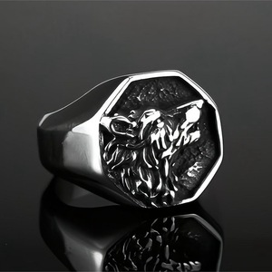 Men's Stainless Steel <b>Ring</b> Wolf Head Embossed Hip Hop Style Animal Geometric Design Gift Jewelry - Product Image 4