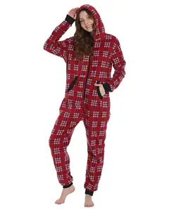 Unisex Kiểm Tra Onesie Giáng Sinh Zip Up Phù Hợp Với Onesie Trùm Đầu Đồ Ngủ Một Mảnh Không Chân Jumpsuit Trưởng Thành Thiếu Niên