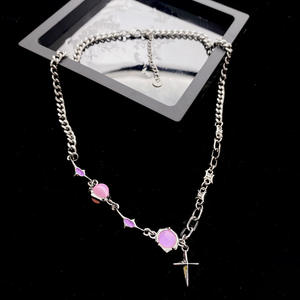 Gargantilla con colgante de piedra lunar rosa, colgante de estrella de 4 puntos, joyería personalizada, collares al por mayor - Product Image 3