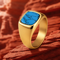 Bague Chevalière Bohème JLM pour Homme, Plaqué Or 18K, Turquoise, Acier Inoxydable, Pierre Bleue Taille Coussin, Vente en Gros de Bijoux