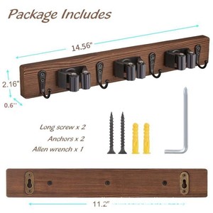 Solid Wood Wall Mounted Storage Rack With <b>Hooks</b> For Cleaning Tools And Supplies Punch Free Lacquered Finish - Product Image 4
