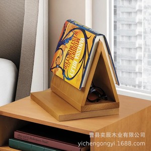 Support de lecture triangulaire en bois massif avec porte-gobelet et emplacement pour téléphone, support de rangement pour livres de bureau, finition naturelle - Product Image 3