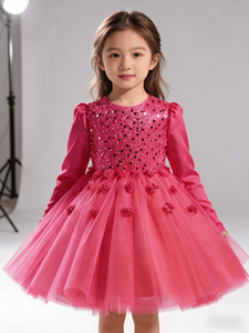 Abito <span class=keywords><strong>da</strong></span> festa rosa shocking a maniche lunghe per bambina, con corpetto di paillettes e tutù floreale 3D, ideale per compleanni e concorsi di bellezza - Product Image 2