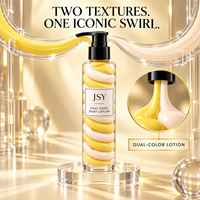 Lotion corporelle double tourbillon jaune et blanc à marque privée avec système double crème visible, texture soyeuse et soin hydratant lissant