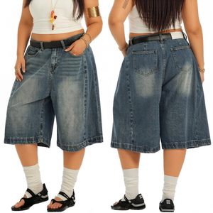 Shorts en jean décontractés pour femmes, coupe ample, style streetwear, classiques et polyvalents, longueur sept pouces, jambe large, personnalisables OEM - Product Image 1