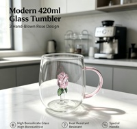 Mug en verre borosilicate soufflé à la main 3D de 420 ml, rose à l'intérieur, résistant au lave-vaisselle, gobelet moderne