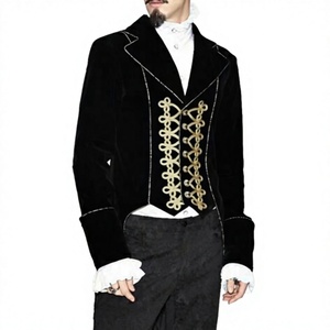 Gothic Men Steampunk Jacket Black Velvet <b>Coat</b> Gold Rope Trim Turn Down Collar Slim Fit - Product Image 1