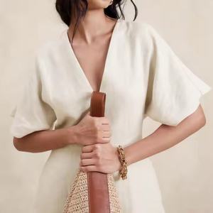 Nouvelles robes d'été pour femmes, robes décontractées amples et modestes, robes pour femmes à col en V profond, robe en lin de haute qualité à manches courtes, longueur midi - Product Image 2