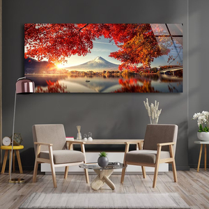 Decoración del hogar paisaje rojo Fuji montaña vidrio templado panorámico tamaño Extra grande cristal porcelana pintura pared - Product Image 4