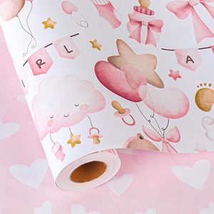 Papel de embalaje original con diseño de lazo en forma de corazón con temática rosa y nubes, en papel estampado para bebés niñas - Product Image 1