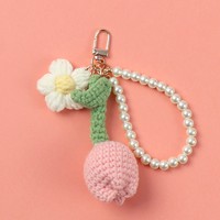 Porte-clés fleur de tulipe en peluche tissée à la main, écologique, avec perles, bracelet perlé, joli breloque de sac tricoté en forme de marguerite pour femmes et filles, cadeau