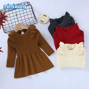 MOQ Thấp 100% Cotton Trẻ Em Quần Áo Trẻ Em Quần Áo Bé Gái Dresses Đồng Bằng Màu Ruffle Cổ Thiết Kế Dễ Thương