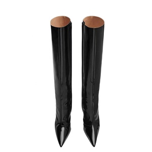 Silver Patent Women Knee High Boots Thin Heel Strange Wedges Shoes Pointed Toe on Women's Stage <b>Long</b> Booties - Product Image 3