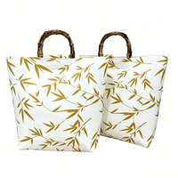 Sac fourre-tout élégant en feutre de style chinois avec poignée en bambou et motif feuille dorée, personnalisable
